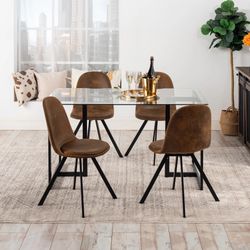 Homy Casa SLIP 55" Clear Glass Dining Table Set with 4 Sunflower Suede Brown Swivel Chairs Modern 5 Piece Kitchen Dining Room Set