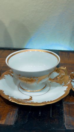 Vintage Walbrzych Poland Porcelain Gold Leaf Rim Tea Cup and Saucer