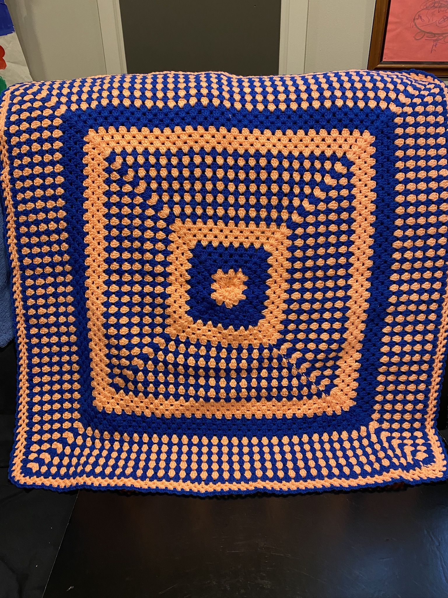 Handmade Crochet Granny Square Blue and Orange Lap Blanket 