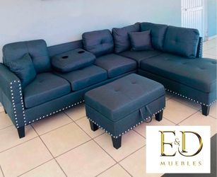 Dark Gray Sectional Sofa with Ottoman