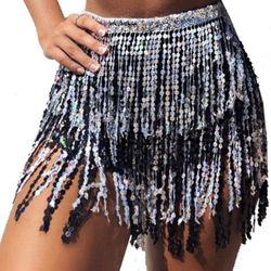 Blacks And Silver Boho Beach Sequin Tassel Mini Skirts Music Festival Party Club Hip Scarf Belt Wrap Skirt