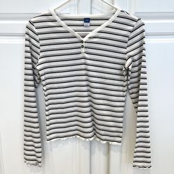 Old Navy Girls XL (14-16) Rib Knit Henley Shirt Striped Long Sleeve Lettuce Trim
