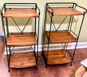 Pair of 3-Tier Wrought Iron & Wood Folding Shelves