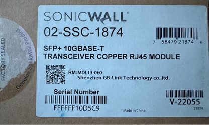 SonicWall SFP+ 10GBase-T Copper RJ45 Transceiver Module