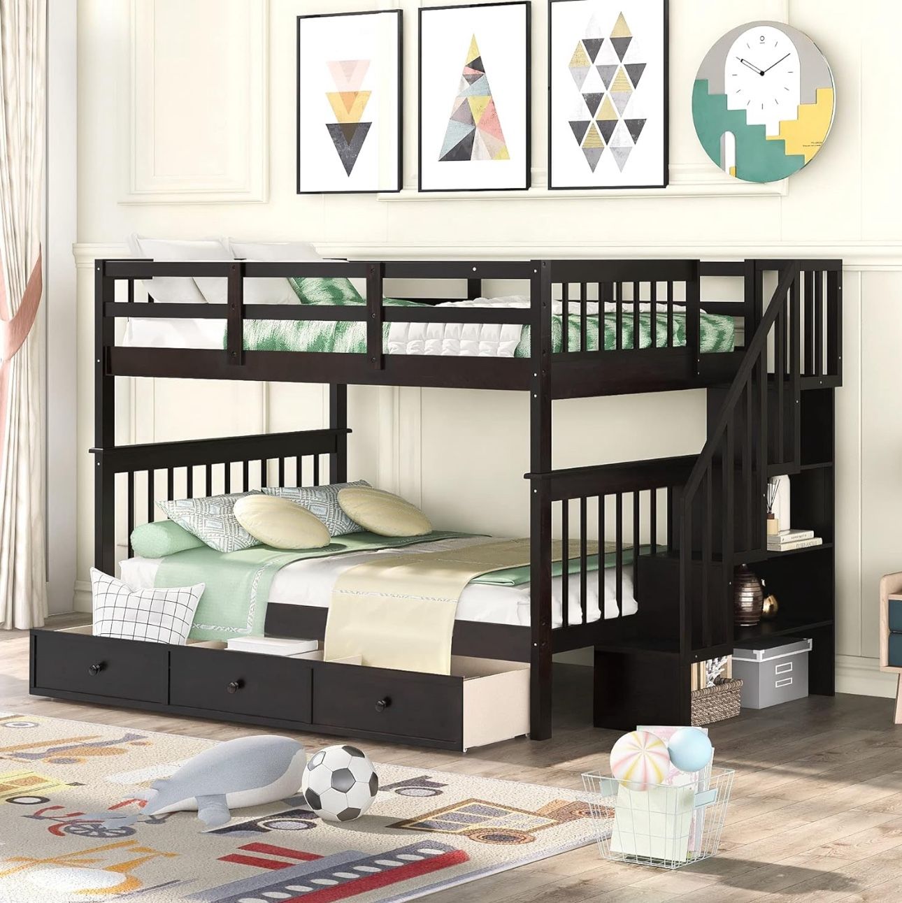 Harper & Bright Designs Full Over Full Bunk Bed with Stairs and Storage Drawers, Solid Wood Full Bunk Bed Frame for Kids Teens Adults
