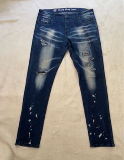 Chop Shop Jeans Men’s Size 38 Skinny Fit Distressed Dark Wash Paint Splatter Denim