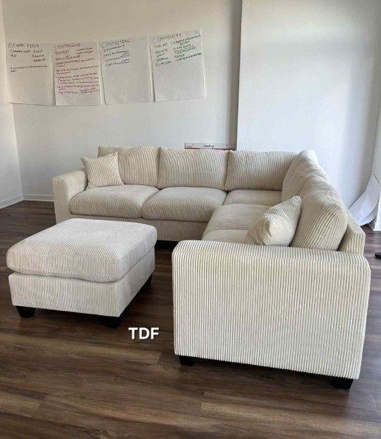 Brand New Ivory Corduroy Sectional Sofa Couch +Ottoman (New In Box)