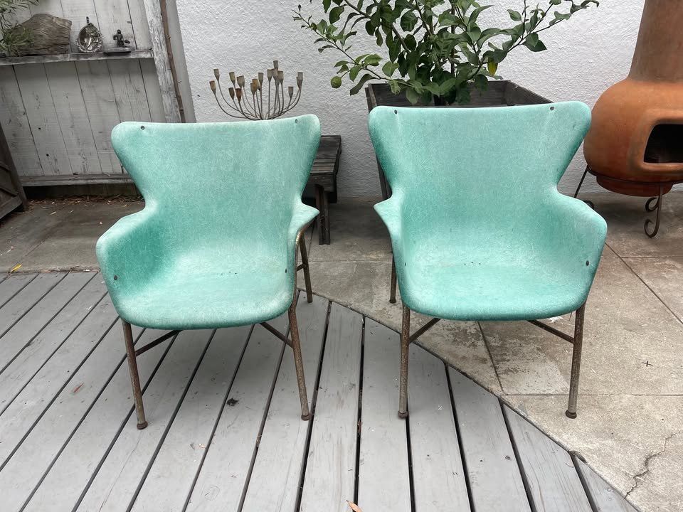 Green Fiberglass Wingback Chairs attributed to Luther Conover for Lloyd MFG