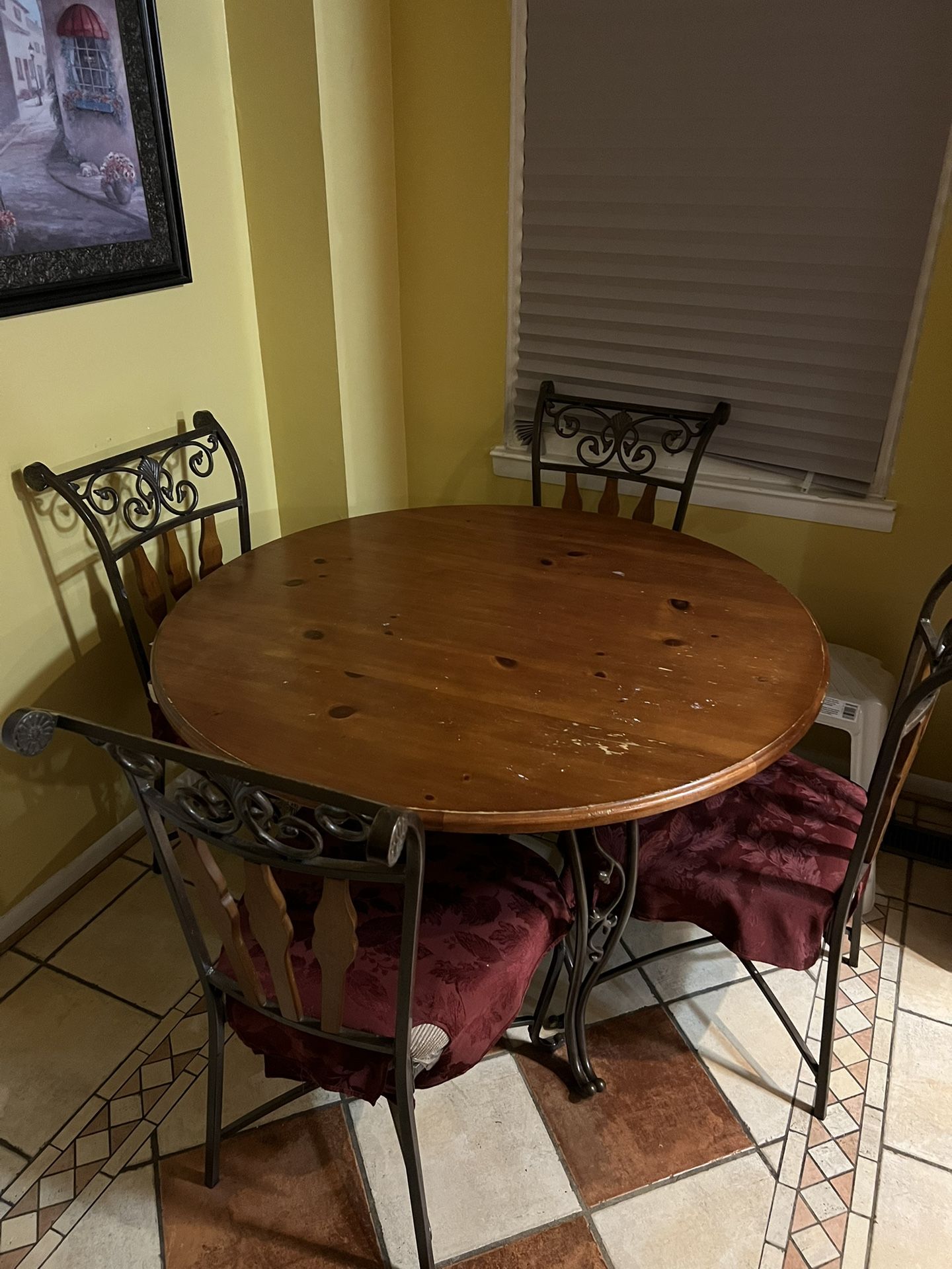 Wood and Wrought Iron Dining Table with Four Chairs