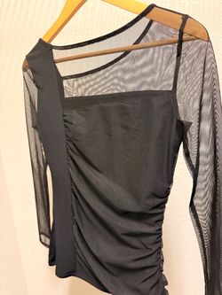 DKNY Black Mesh Long Sleeve Ruched Top