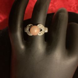 Vintage Sterling Silver(925)Pink Pearl Ring W/smoky Grey Crystals…size 6/6.5