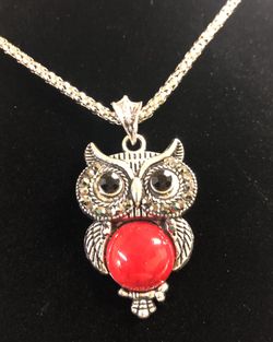 Silver and red owl necklace