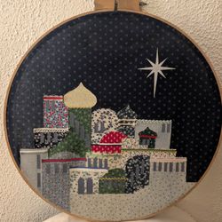 Middle Eastern Bethlehem 18.5" Round, Wooden Hoop Fabric Collage. Christmas Holiday Decoration. RARE