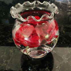 Vintage Indiana Clear Round Vase with Ruffled Top ,   4" Wide x  5.5" Tall