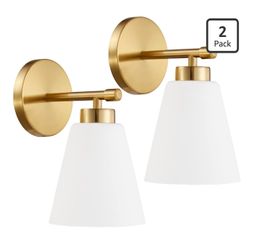 Gold Sconces Wall Lighting Set of Two with Frosted Glass Shade, Industrial Bathroom Lighting Fixture with Milk Shade, Modern Brass Vanity Sconce Light