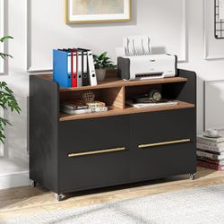 Tribesigns 2 Drawer File Cabinet Rolling Filing Cabinets for Home Office Black lateral File Cabinet Wood File Cabinet for Letter Siz

