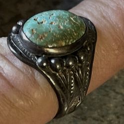 Antique Silver Ring With Turquoise Size 10 And Three-Quarter 