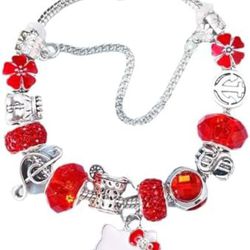 Hello Kitty Rhinestone Crystal, Enamel, Bead Valentines Day bling bracelet Sanrio Red Pandora Style
