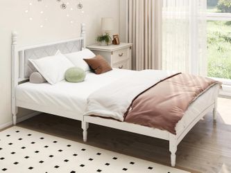  Full Bed Frame with Fabric Upholstered Headboard, Solid Rubber Wood Central Supports, Rustic Oak/White 