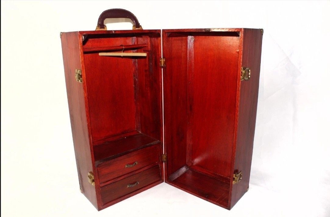 Vintage American Girl Large Doll Wooden Wardrobe Closet Travel Trunk Case Hanger