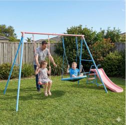 Swing Sets for Backyard with Slide 440lbs Heavy-Duty Metal A-Frame Outdoor Kids Playset with 1 Saucer Swing 1 Belt Swing Pink & Blue