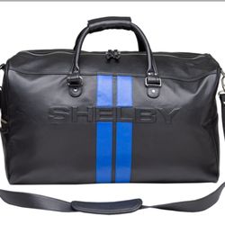 Shelby Black Leather Duffel Bag with Blue Racing Stripes