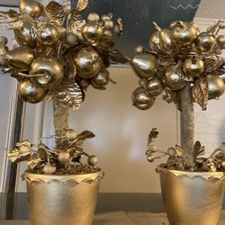 Two matching gold topiary fruity trees 