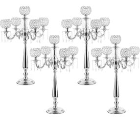 Set of 4  5-Arm Crystal Candelabra  29.5Inches Tall Silver Metal