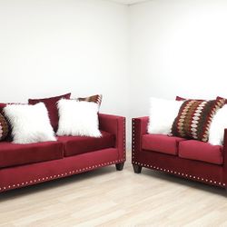Red or Blue Velvet Sofa And Loveseat 