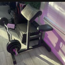Preacher Curl Machine And EZ Curl Bar With Weights