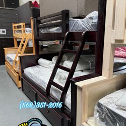 Twin Full Cherry Bunk Bed With Mattresses Trundle