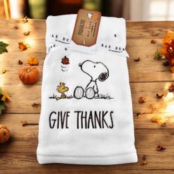 Rae Dunn Peanuts Snoopy Fall Holiday Give Thanks Hand Towels Set of 2 NWT