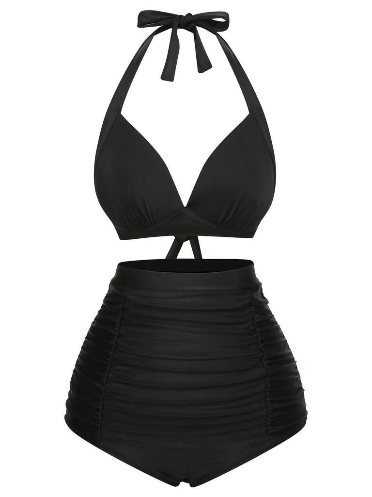 1950s Black Halter Lace-Up Swimsuit / S
