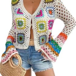 large size Women's White Multi-Color Bell Sleeves Boho Crochet Cardigan Square Floral Pattern Sweater