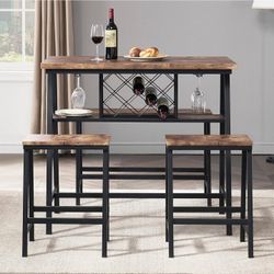 Counter Height Dining Room Table Set for 4, Bar Table with One Bench and Two Stools, Industrial Table with Wine Rack for Kitchen Counter