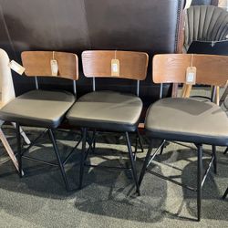 Counter Stool: Wooden Back Rest W/ Black Faux Leather & Black Metal Legs Swivel Counter Stool SKU X9UKWX