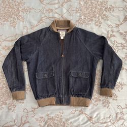 The Tourist Burkman Bros Dark Wash Blue Denim Bomber Jacket Men Size Small