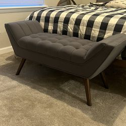 46” Mid Century Modern Upholstered Linen Bench w/ Wings and Walnut Veneer Legs