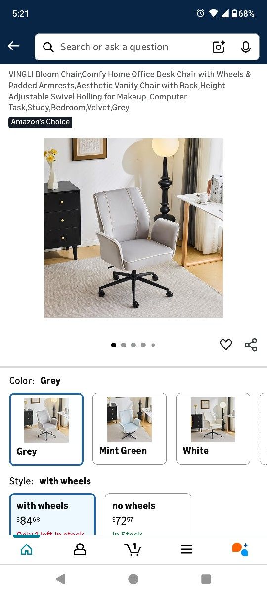 VINGLI Bloom Chair,Comfy Home Office Desk Chair with Wheels & Padded Armrests,Aesthetic Vanity Chair with Back,Height Adjustable Swivel Rolling for Ma