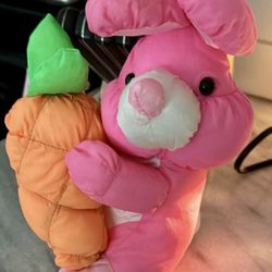 Vintage Nylon Parachute Hot Pink Easter Bunny Rabbit holding Carrot
