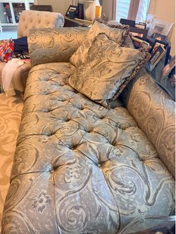 Tufted Sofa with Paisley Fabric and Throw Pillows