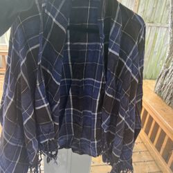 Plaid Fringe Cardigan Cape  Navy Blue And White