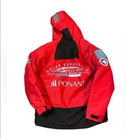 red Ponant 88 hooded polar expedition parka with black accent panels and zippered front pockets.  Medium