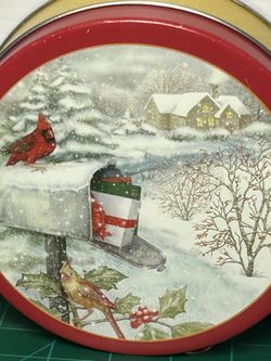 Vintage Christmas Tin Container with Cardinal and Mailbox Full of Gifts