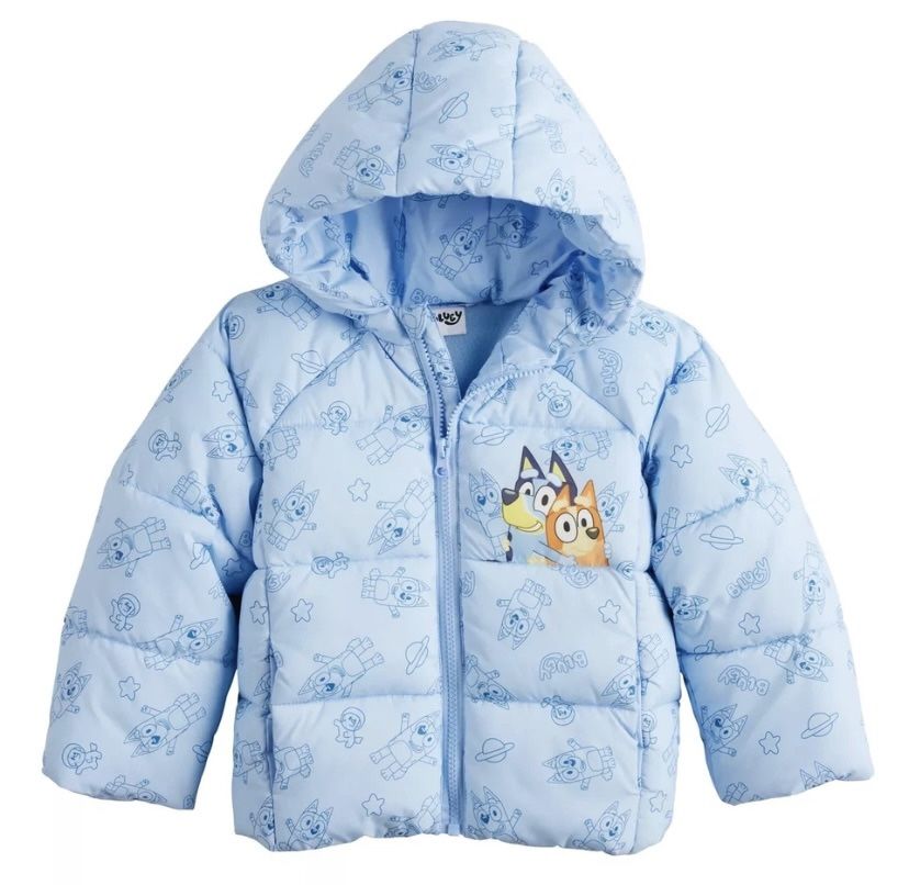 Bluey & Bingo Print Puffer Jacket Toddler 3T Blue Full Zipper Winter Snow New