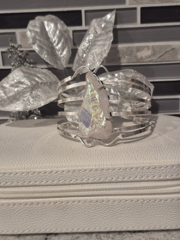 Iridescent Solar Agate Stone Women's Cuff Fits Up To 8"