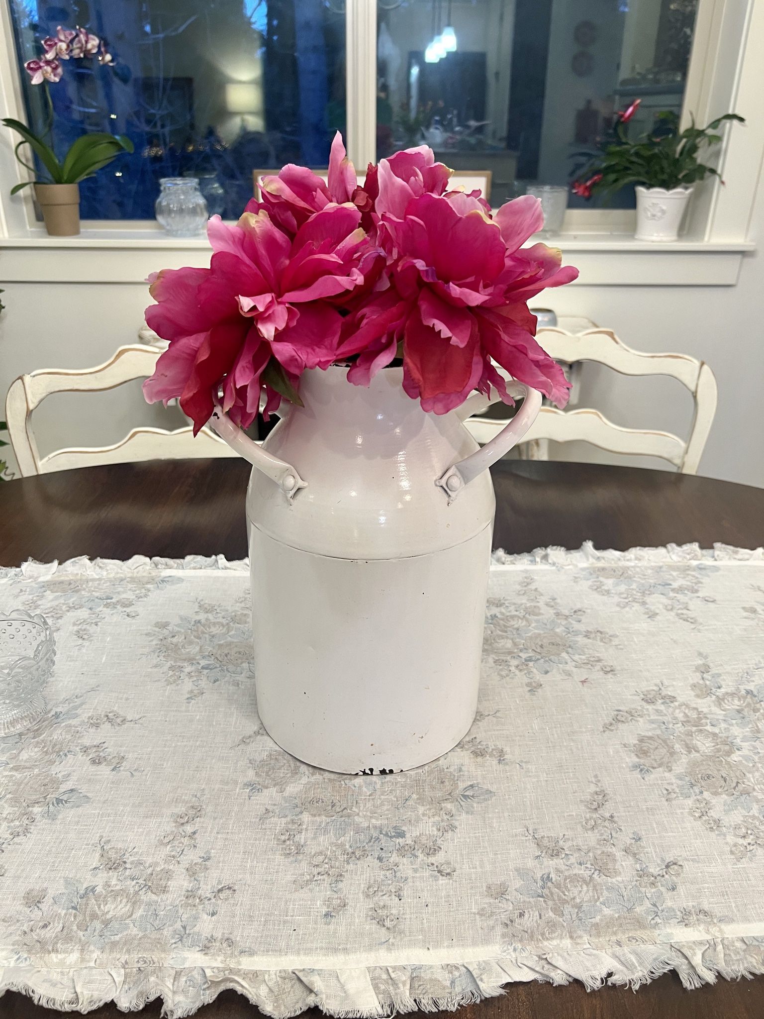 Large decorative farmhouse metal enamel milk can vase