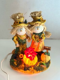 Vintage Thanksgiving Scarecrow Couple Light-Up Resin Figurine
