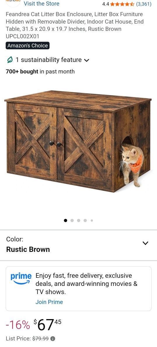 Feandrea Cat Litter Box Enclosure, Litter Box Furniture Hidden with Removable Divider, Indoor Cat House, End Table, 31.5 x 20.9 x 19.7 Inches, Rustic