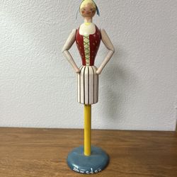 Vintage Swedish Articulated Arms Woman Wood Doll Stand Hand Painted Napkin Skirt